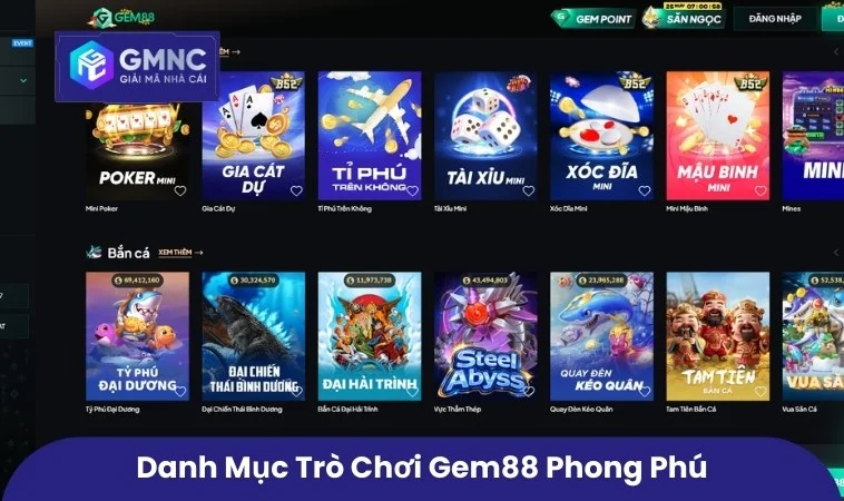 Danh mục trò chơi Gem88 phong phú