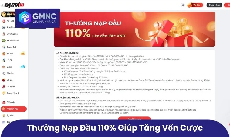Thưởng nạp đầu 110% giúp tăng vốn cược